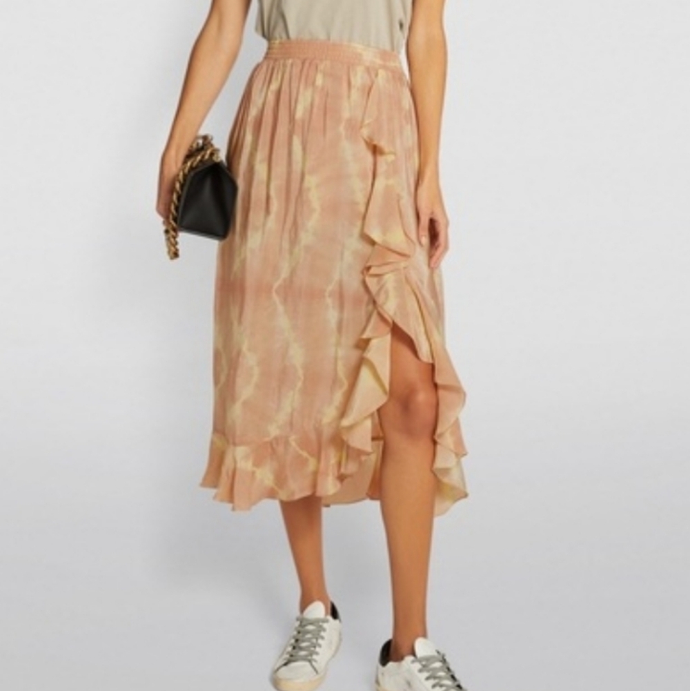 Maje Ruffled Tie Dye Crepe De Chune Midi Skirt Size L / 40